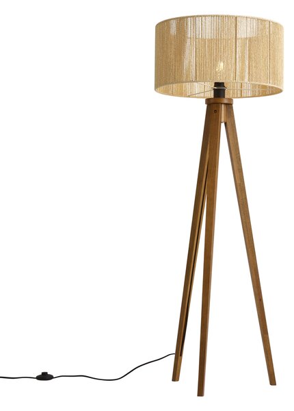 Vintage drvena podna svjetiljka s bež sjenilom od papirnatog užeta 50/50/25 - Tripod Classic