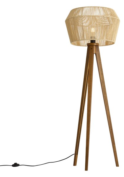 Podna svjetiljka drvena vintage sa sjenilom od smeđeg papirnatog užeta 50/50/30 - Tripod Classic