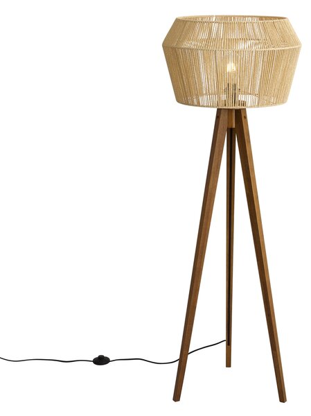 Podna svjetiljka drvena vintage sa sjenilom od smeđeg papirnatog užeta 50/50/30 - Tripod Classic