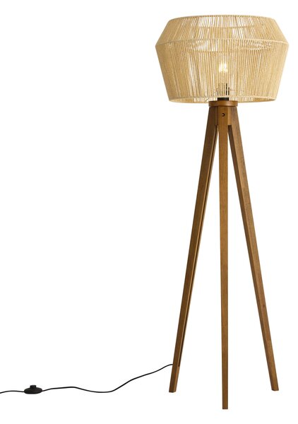 Podna svjetiljka drvena vintage sa sjenilom od smeđeg papirnatog užeta 50/50/30 - Tripod Classic