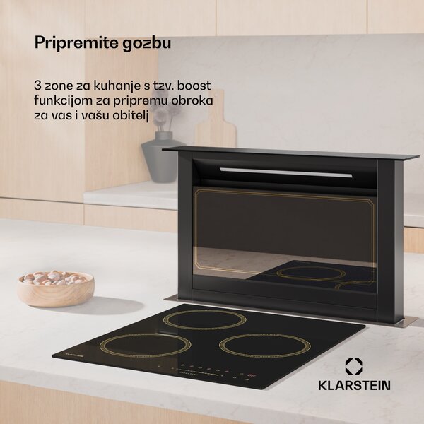 Klarstein Victoria indukcijska ploča, 45 cm, 6 600 W, 3 zone za kuhanje, kontrola klizača, pojačati