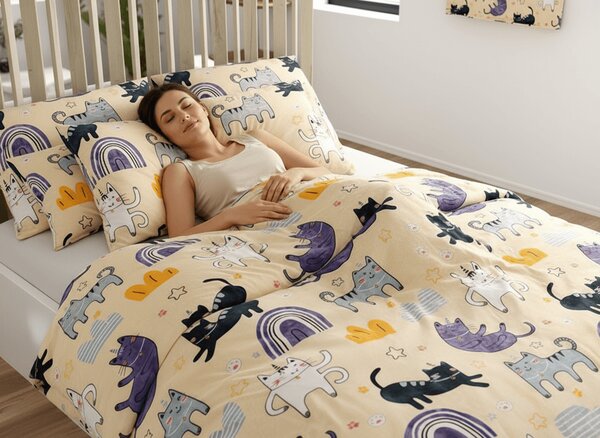 Sada posteljine mikropliš PURRSLEEP bež + plahta od mikroplyša SOFT 180x200 cm bijela, za bračni krevet