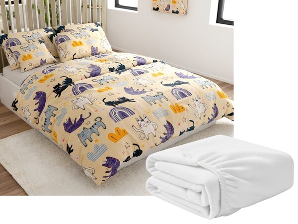 Sada posteljine mikropliš PURRSLEEP bež + plahta od mikroplyša SOFT 180x200 cm bijela, za bračni krevet