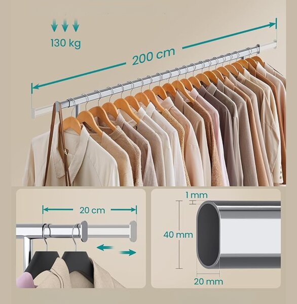 Stalak za odjeću DOLLY na kotačima, max. 150 kg, 45x160-200x161,5cm, srebrna SongmicsHome