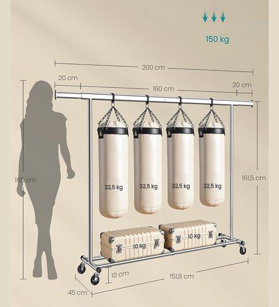 Stalak za odjeću DOLLY na kotačima, max. 150 kg, 45x160-200x161,5cm, srebrna SongmicsHome