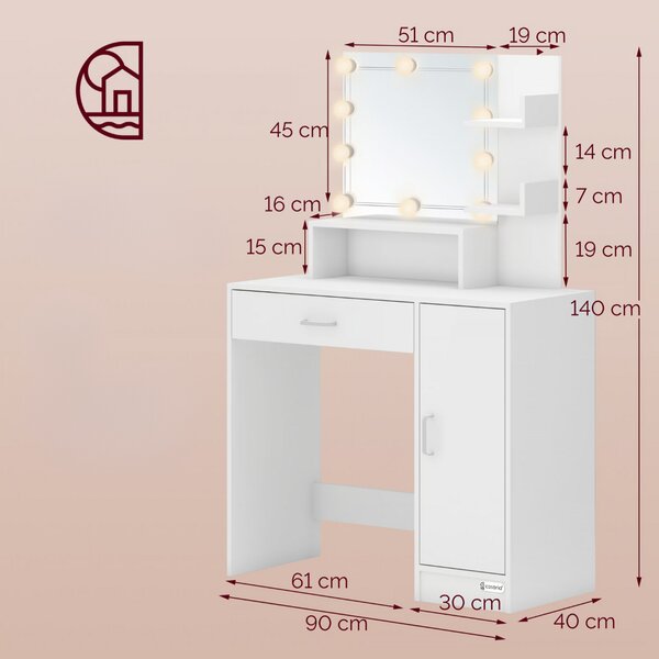Toaletni stol JOCELYN s rasvjetom, 140×90×40cm, bijela Casaria