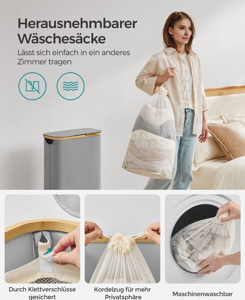 Košara za rublje s poklopcem, uska košara 65 L, 42 x 22,5 x 70,5 cm, golublje siva