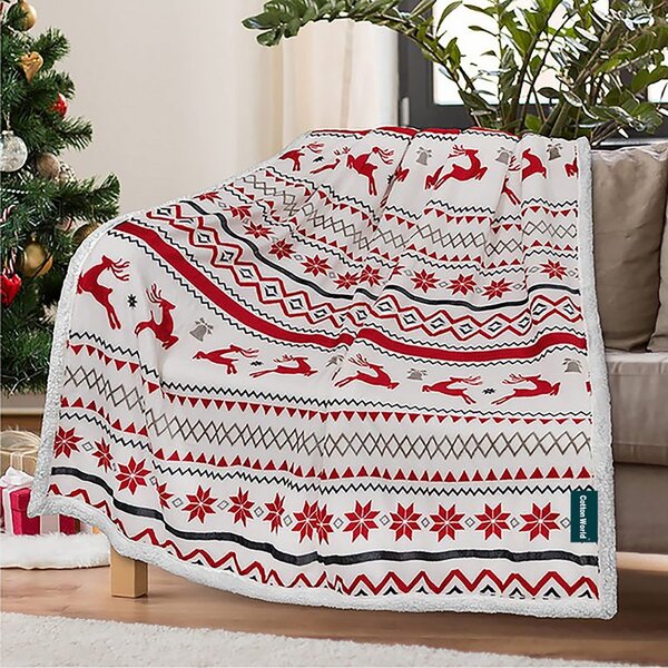 2x Božićna bijela janjeća deka od mikropliša RETRO CHRISTMAS 160x200 cm
