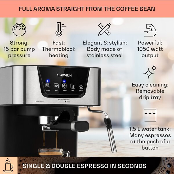 Klarstein Arabica, aparat za espresso kavu, 1050 W, 15 bara, 1,5 l, upravljačka ploča osjetljiva na dodir, nehrđajući čelik