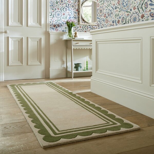 Zelena/u prirodnoj boji ručno rađena vunena staza 80x230 cm Lois Scallop – Flair Rugs