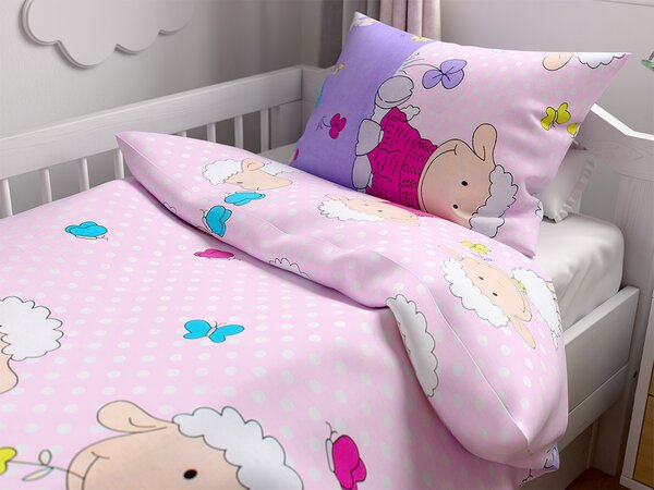 Pamučna posteljina za krevetić OVEČKY ružičasta Dimenzije posteljine: 45 x 65 cm | 90 x 135 cm