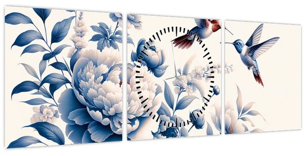 Slika - Kolibri iznad cvijeta (sa satom) (90x30 cm)