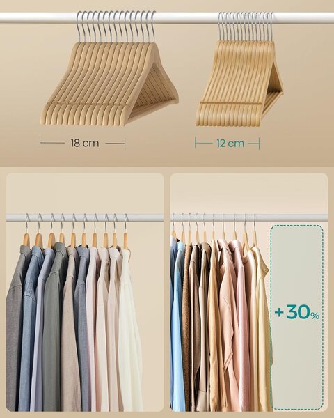 Set od 30 drvenih vješalica od breze, prirodne boje drveta | SONGMICS
