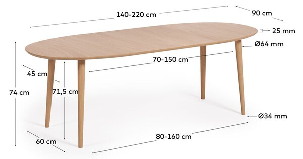Proširiv blagovaonski stol u dekoru hrasta u prirodnoj boji 90x140 cm Oqui – Kave Home