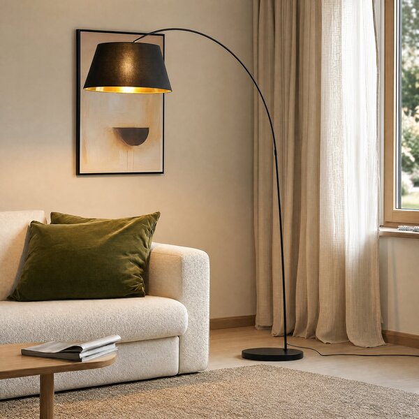 Lindby podna lampa Esti, crna/zlatna, tkanina, visina 192 cm, Crno, Dnevni boravak/blagovaonica, Tkanina / tekstil