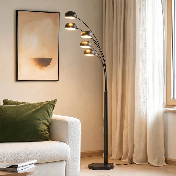 Lindby podna lampa Jewa, crna, metal, 5 žarulja, E14, Crno, Dnevni boravak/blagovaonica, Metal, Stani luk
