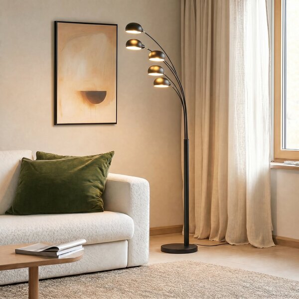 Lindby podna lampa Jewa, crna, metal, 5 žarulja, E14, Crno, Dnevni boravak/blagovaonica, Metal, Stani luk