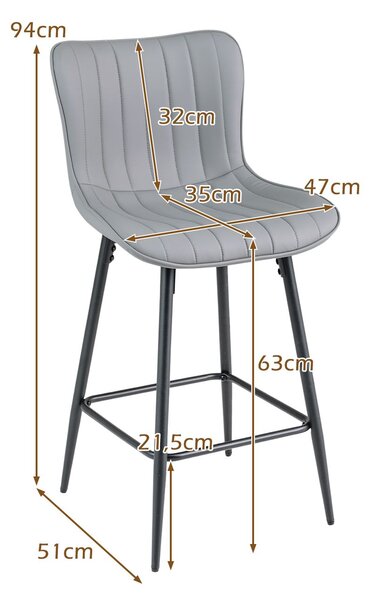 Set od 2 barske stolice, visoke kuhinjske stolice s ergonomskim naslonom i podstavljenim sjedalom, sive