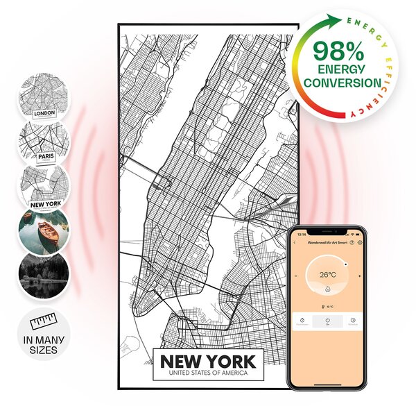 Klarstein Wonderwall Air Art Smart, infracrveni grijač, karta grada New Yorka, 60 x 120 cm, 700 W