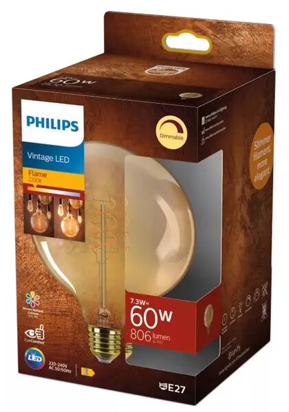 PHILIPS Vintage LED ŽARULJA /E27/7,3W/806lm=60W/2200K/240V G125 DIMM. CRI90 8721103049155