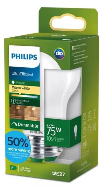 PHILIPS UltraEfficient LED ŽARULJA E27/5,2W/1095lm=75W/2700K A60 FR DIM. 8721103051998