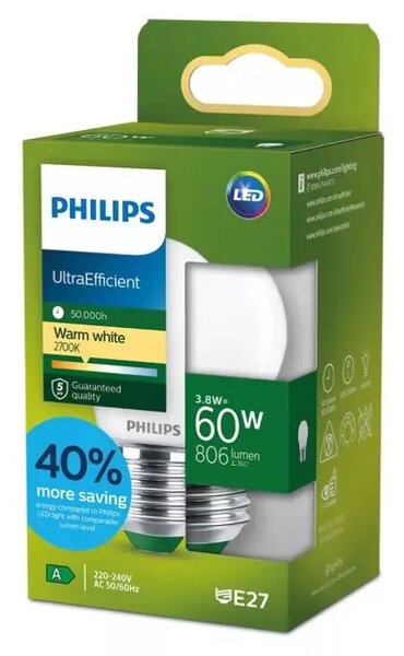 PHILIPS Ultra Efficient LED ŽARULJA E27/3,8W/806lm=60W/2700K/240V P45 FR 8721103052117