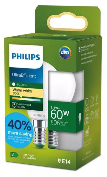 PHILIPS Ultra Efficient LED ŽARULJA E14/3,8W/806lm=60W/2700K/240V P45 FR 8721103052070