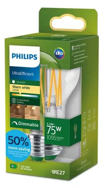 PHILIPS Ultra Efficient LED ŽARULJA E27/5,2W/1095lm=75W/2700K A60 CL DIM. 8721103051974