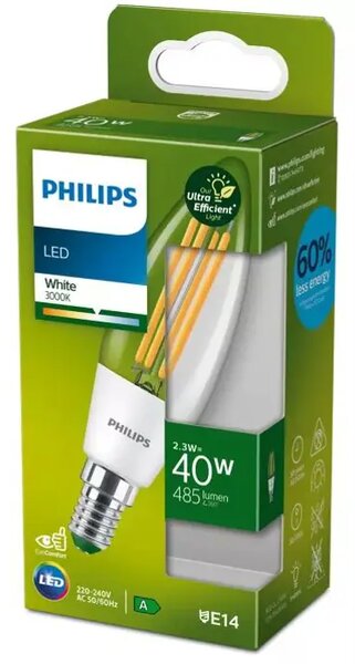 PHILIPS UltraEfficient LED ŽARULJA /E14/2,3W/485lm=40W/3000K/240V B35 CL 50.000h 8719514435759