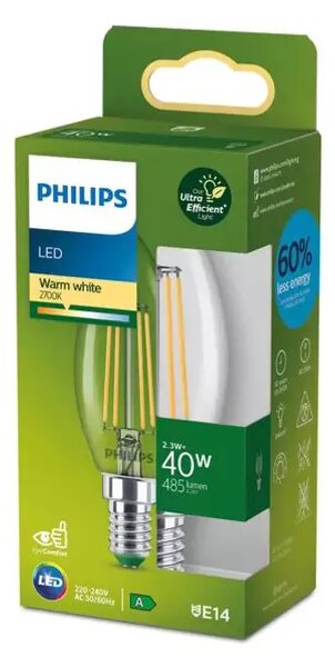 PHILIPS Ultra Efficient LED ŽARULJA /E14/2,3W/485lm=40W/2700K/240V B35 CL 8720169310636
