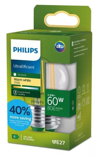 PHILIPS Ultra Efficient LED ŽARULJA E27/3,8W/806lm=60W/2700K/240V P45 CL 8721103052094