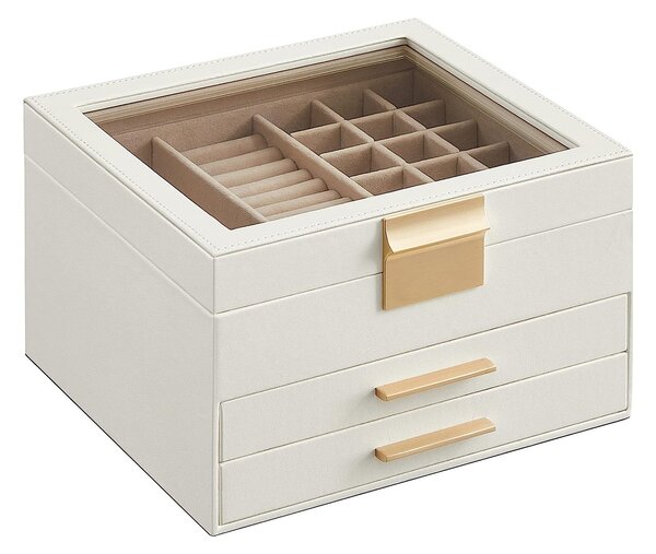 Kutija za nakit sa staklenim poklopcem i 2 ladice, 23x20x13,5 cm, bijela-zlatna | SONGMICS