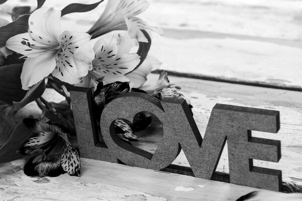 Slika s drvenim natpisom Love u crno-bijelom dizajnu