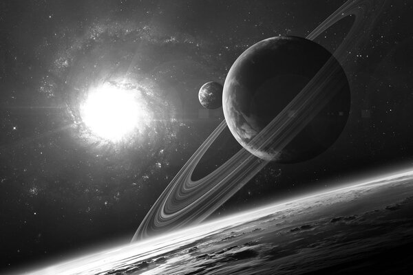 Slika planeta u svemiru u crno-bijelom dizajnu