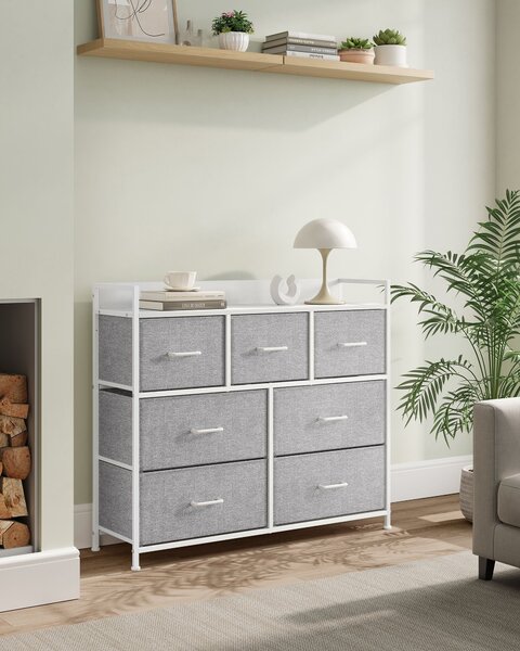 Komoda s 7 tkanih ladica s drškama, 28.5 x 98 x 85 cm, siva i bijela
