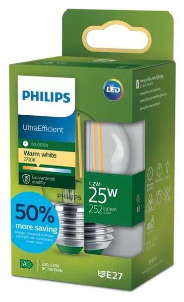 PHILIPS Ultra Efficient LED ŽARULJA E27/1,2W/252lm=25W/2700K/240V P45 CL 8721103052216