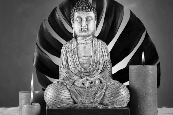 Slika Buddha s opuštajućom mrtvom prirodom u crno-bijelom dizajnu