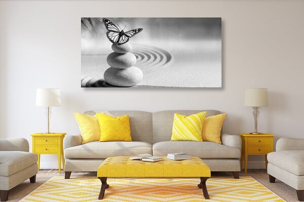 Slika ravnoteža kamenja i leptir u crno-bijelom dizajnu