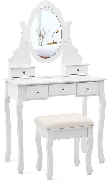 Set toaletnog stolića sa pet ladica, ogledalom i tapeciranom stolicom, 80 x 40 x 140 cm