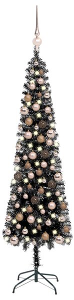 Usko božićno drvce s LED svjetlima i kuglicama 240 cm crno