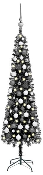 Usko božićno drvce s LED svjetlima i kuglicama 240 cm crno