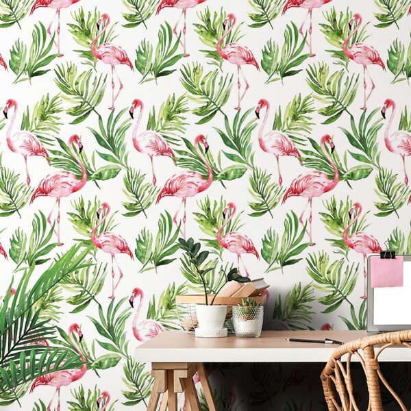Tapeta flamingo s lišćem u tehnici akvarela