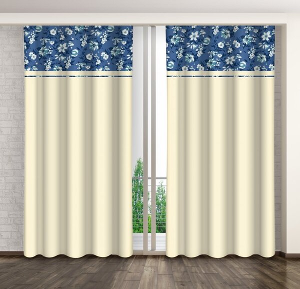Krem ukrasna zavjesa s printom bijelih i plavih cvjetova Širina: 160 cm | Duljina: 250 cm