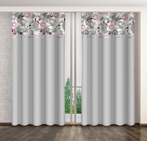 Jednostavna svijetlo siva zavjesa s printom ružičastih božura Širina: 160 cm | Duljina: 250 cm