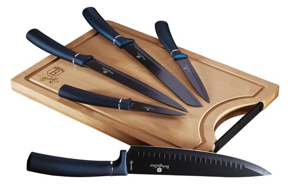 BerlingerHaus - Set noževa od nehrđajućeg čelika s daskom za rezanje od bambusa 6 kom plava/crna