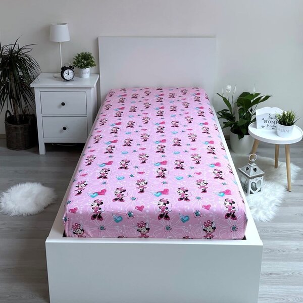 Ružičasta pamučna dječja plahta s gumom 90x200 cm Minnie "Flowers" – Jerry Fabrics