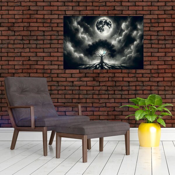Slika – Crno-bijelo drvo u punom mjesecu (90x60 cm)