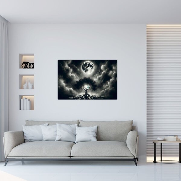 Slika – Crno-bijelo drvo u punom mjesecu (90x60 cm)