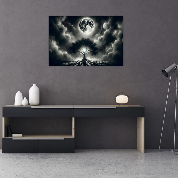 Slika – Crno-bijelo drvo u punom mjesecu (90x60 cm)