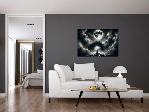 Slika – Crno-bijelo drvo u punom mjesecu (90x60 cm)